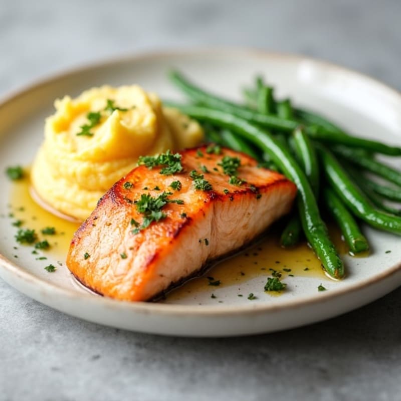 Seared Salmon with Garlic Green Beans and Mashed Sweet Potato