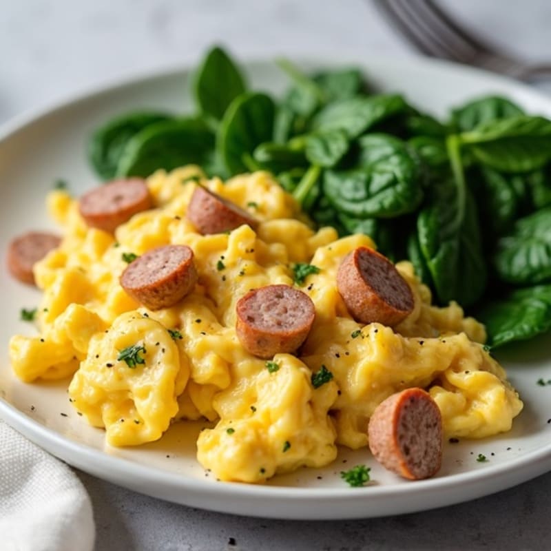 Creamy Scrambled Eggs with Turkey Sausage and Sautéed Spinach