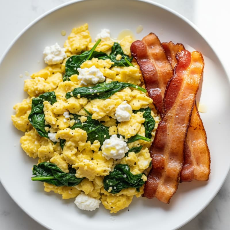 Cottage Cheese Egg Scramble with Spinach and Turkey Bacon