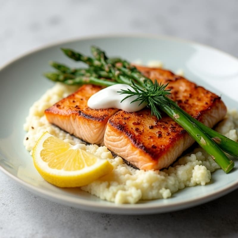 Seared Salmon with Roasted Asparagus and Garlic Mashed Cauliflower