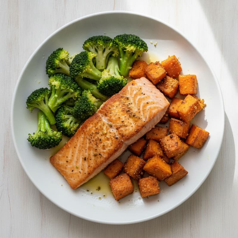Seared Salmon with Roasted Sweet Potato and Steamed Broccoli