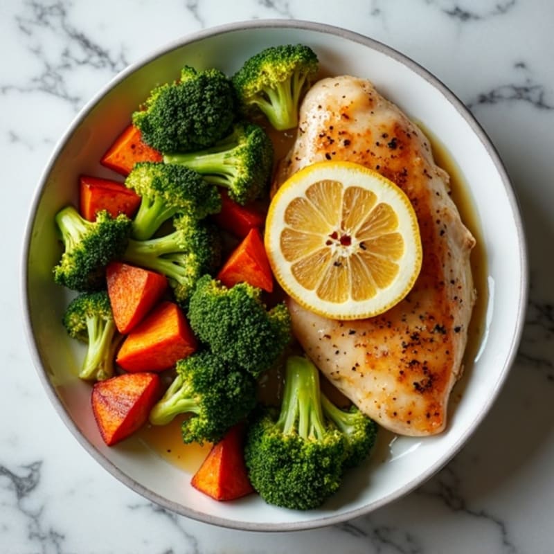 Sheet Pan Lemon-Garlic Chicken with Roasted Broccoli and Sweet Potatoes