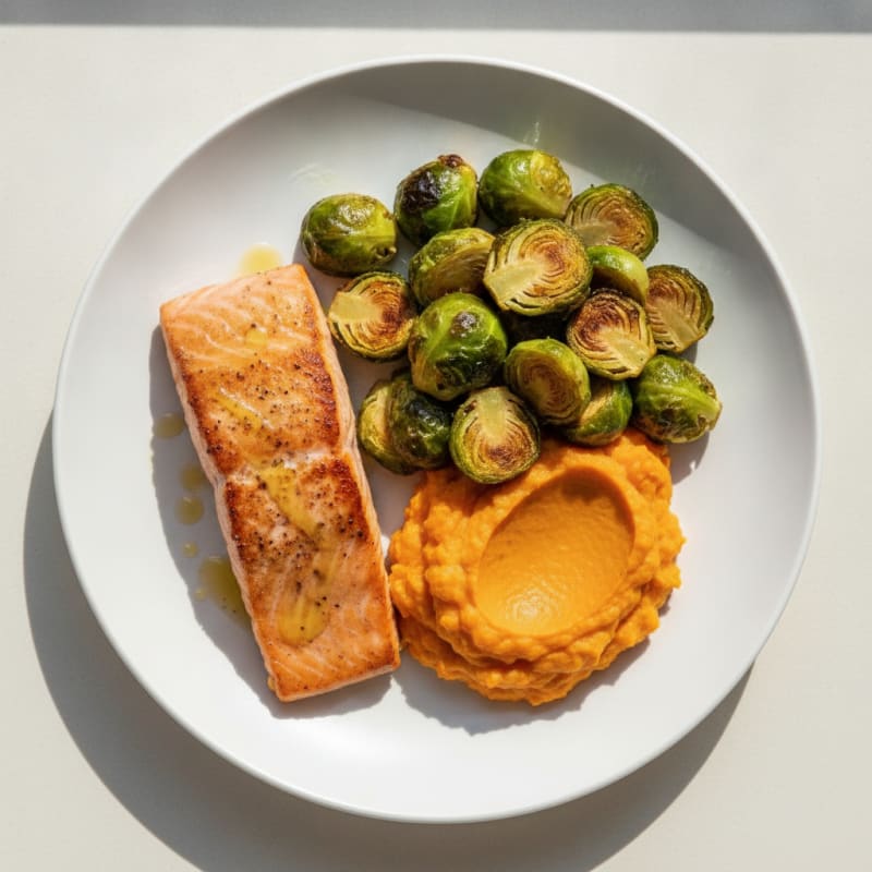 Seared Salmon with Roasted Brussels Sprouts and Sweet Potato Mash