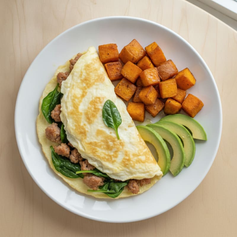 Egg White Omelette with Turkey Sausage and Roasted Sweet Potatoes