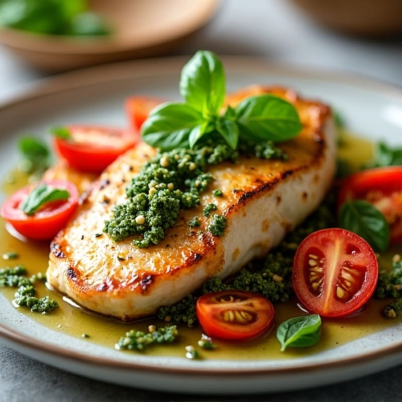 Pan-Seared Chicken with Fresh Mozzarella, Ripe Tomatoes, and Zesty Basil Pesto