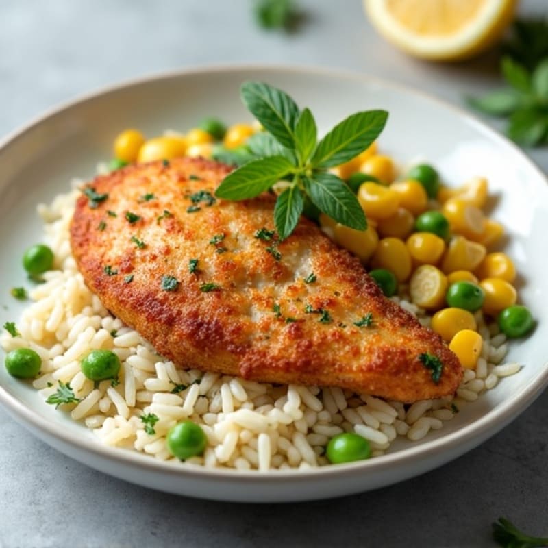 Crispy Chicken Breast with Herb Rice and Sweet Corn and Peas