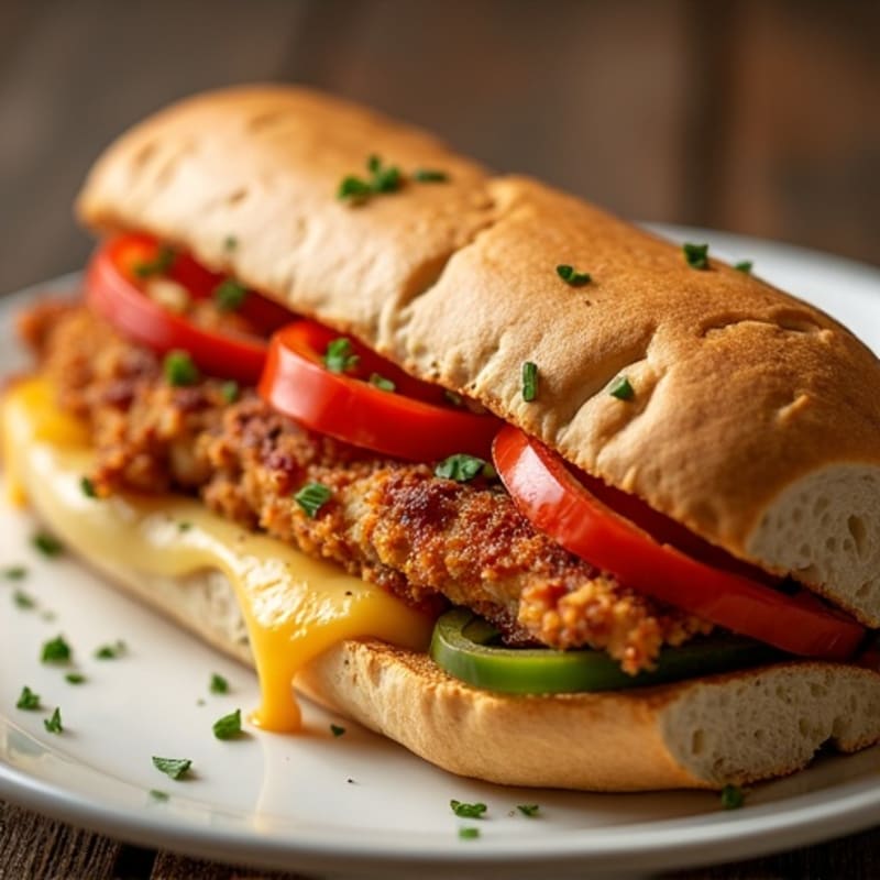 Crispy Chicken Cheesesteak with Sautéed Peppers and Onions
