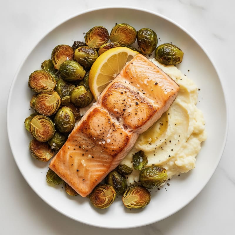 Seared Salmon Fillet with Roasted Brussels Sprouts and Garlic Mashed Cauliflower