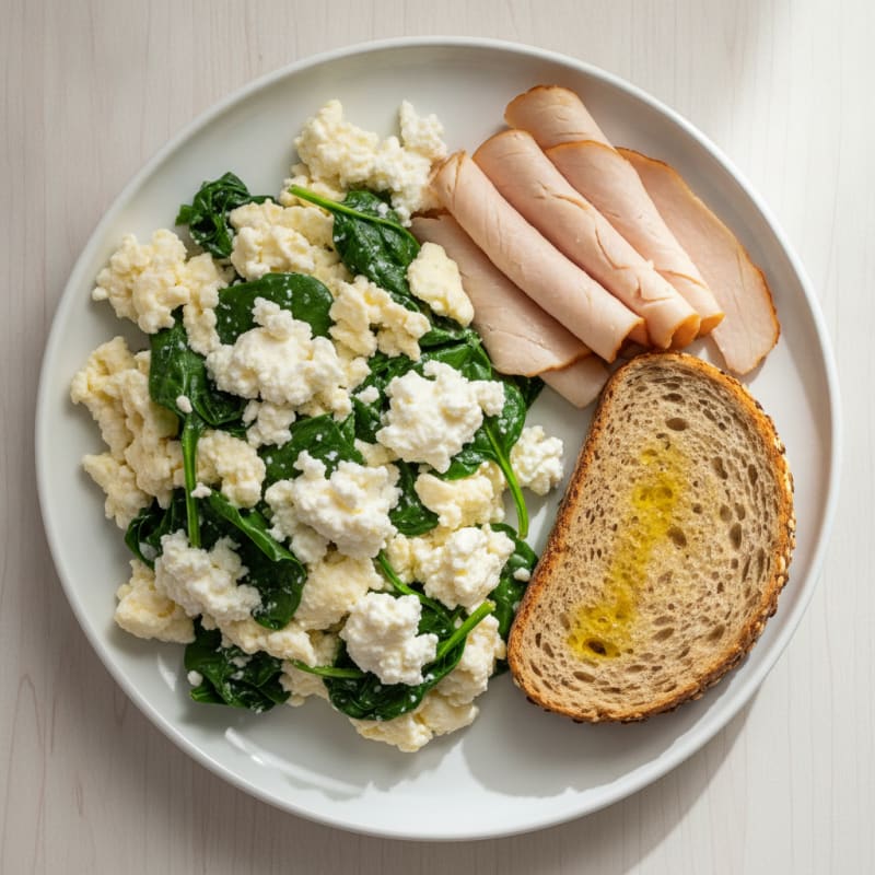 Egg White and Spinach Scramble with Cottage Cheese and Sliced Turkey