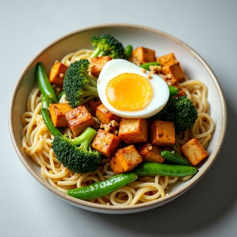 Seared Tofu Stir Fry with Broccoli, Snap Peas, and Egg Noodles