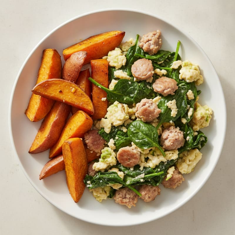 Egg White and Turkey Sausage Scramble with Spinach and Roasted Sweet Potato