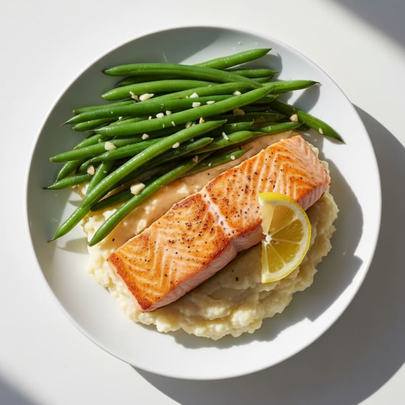 Seared Salmon with Garlic Green Beans and Cauliflower Mash