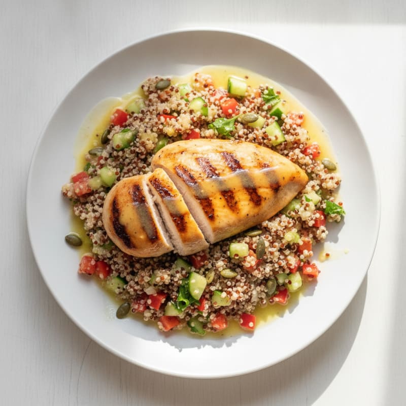 Grilled Chicken Breast with Crunchy Quinoa Salad and Lemon Vinaigrette