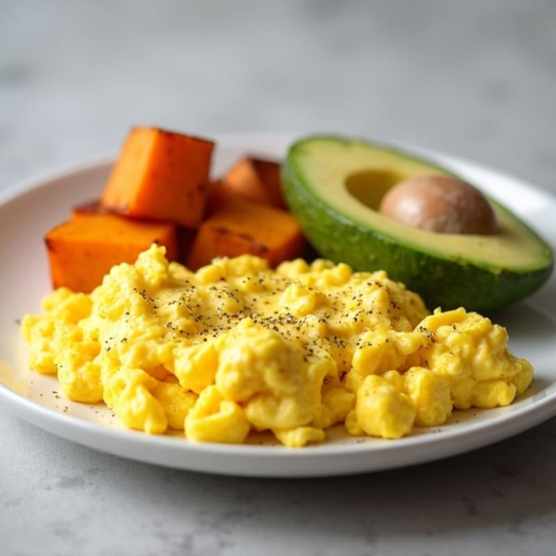 Creamy Scrambled Eggs with Roasted Sweet Potatoes and Avocado