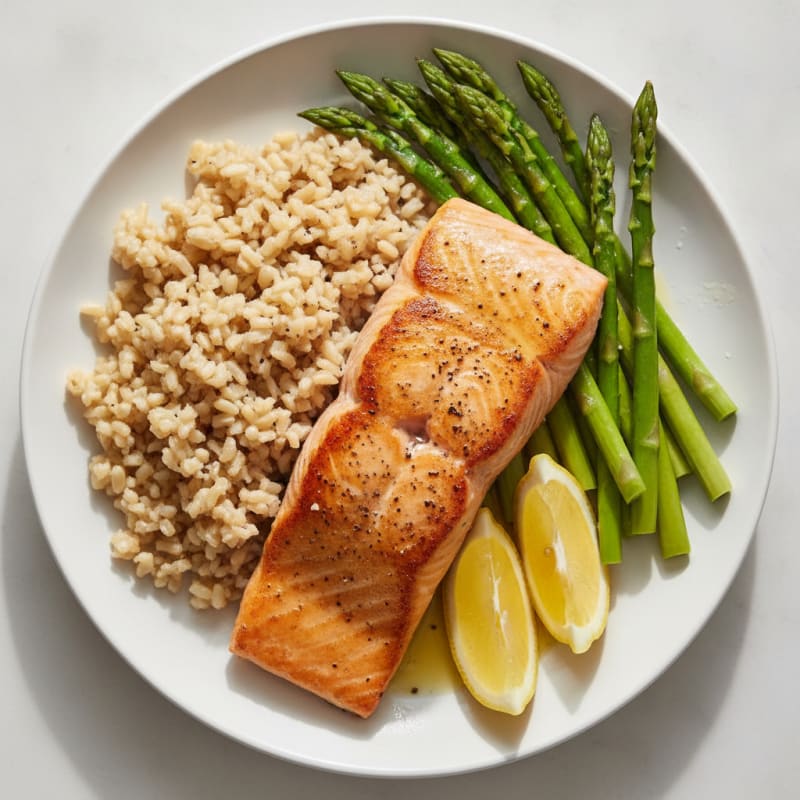 Seared Salmon with Steamed Asparagus and Brown Rice