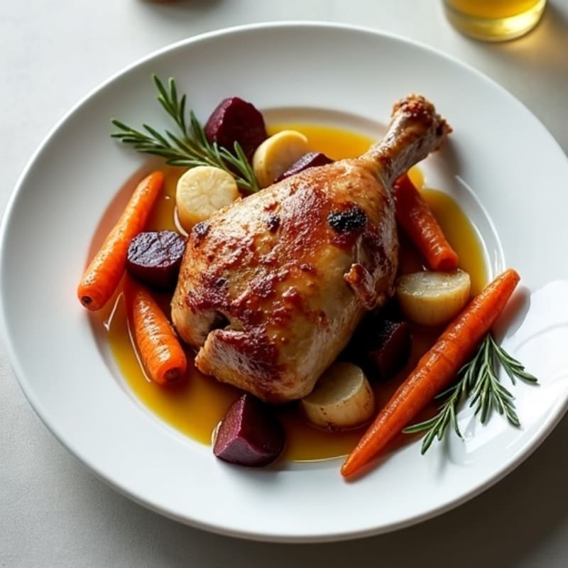 Crispy Roasted Duck Leg with Herb-Roasted Root Vegetables