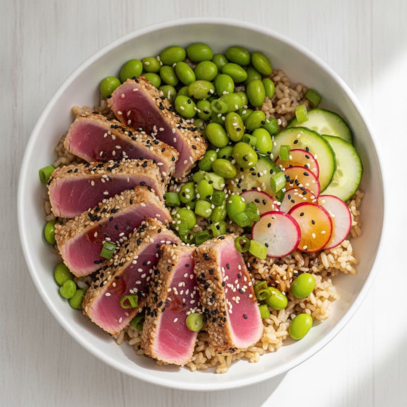 Seared Tuna Poke Bowl with Brown Rice and Edamame