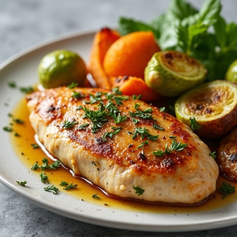 Herb-Roasted Chicken with Crispy Brussels Sprouts and Sweet Potato