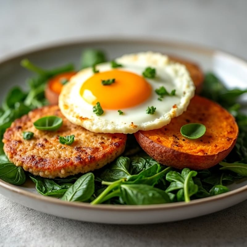 Egg White and Turkey Sausage Scramble with Spinach and Roasted Sweet Potato