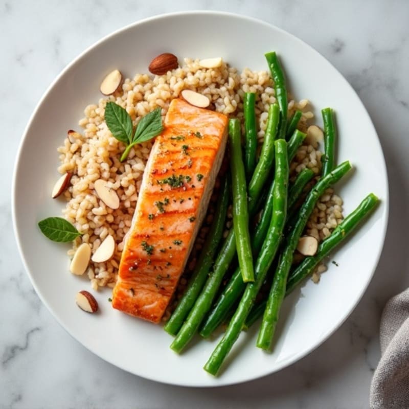 Seared Salmon Fillet with Garlic Green Beans and Brown Rice
