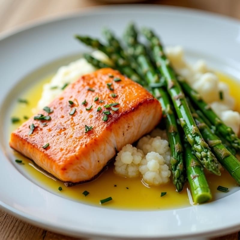 Seared Salmon with Steamed Asparagus and Cauliflower Mash