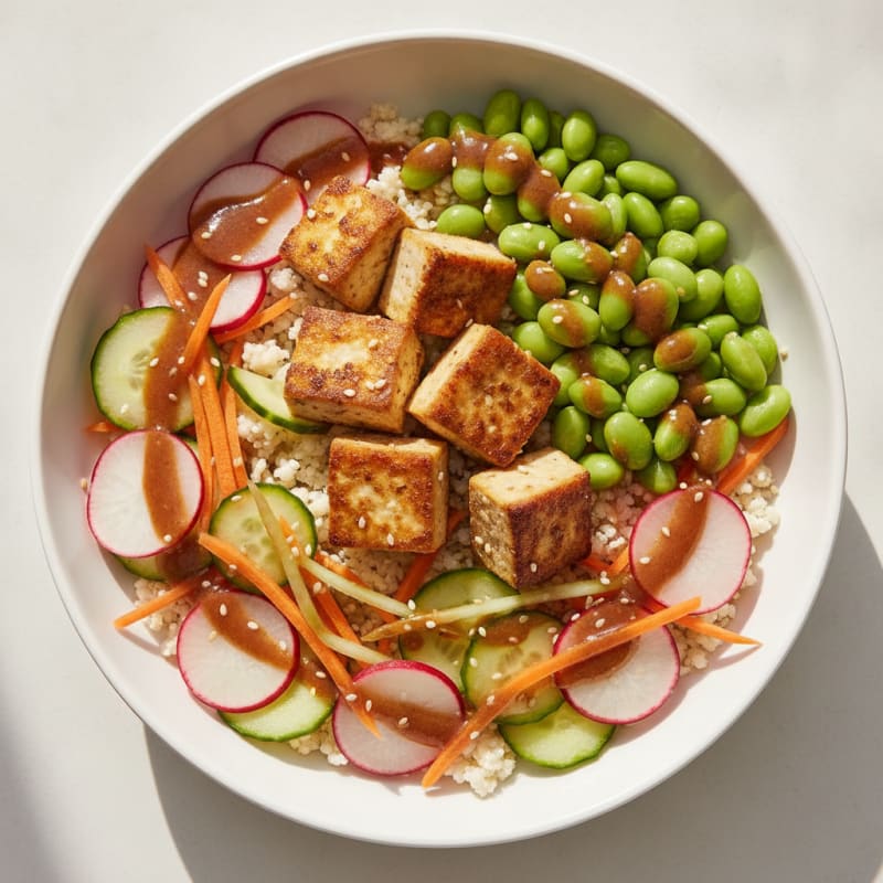 Seared Tofu and Edamame Bowl with Crunchy Vegetables