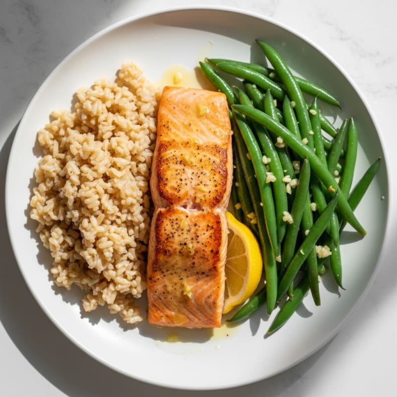 Seared Salmon with Garlic Green Beans and Brown Rice