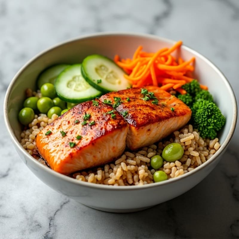 Sesame-Ginger Salmon Rice Bowl with Fresh Vegetables