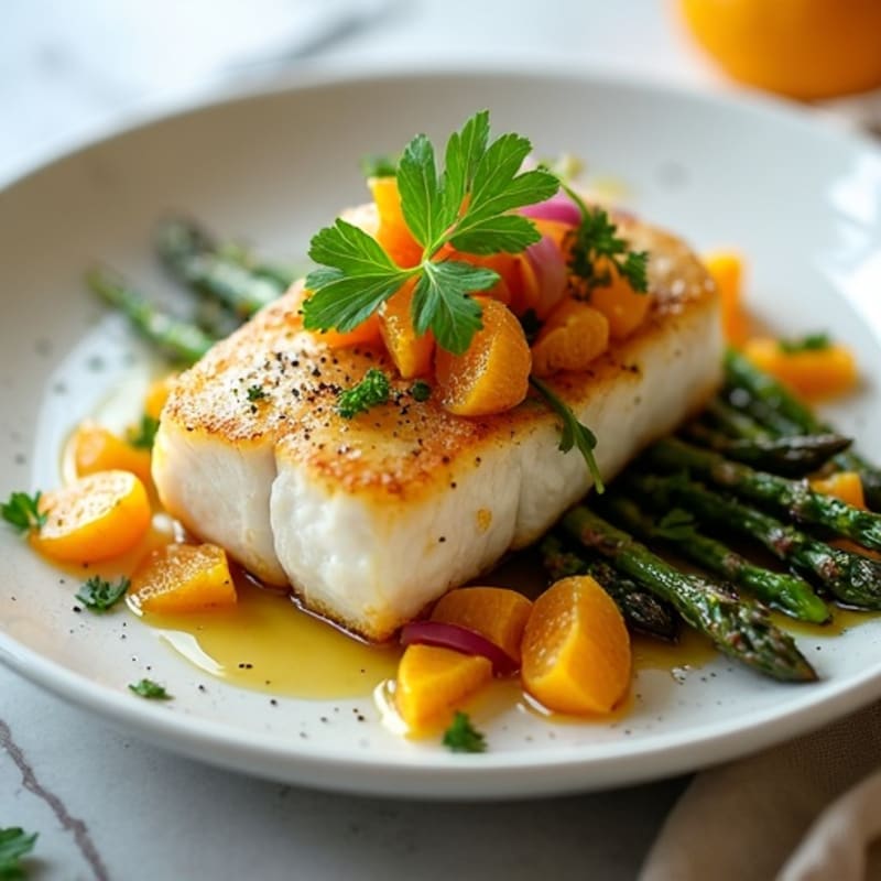 Pan-Seared Halibut with Fresh Citrus-Herb Salsa and Crispy Roasted Asparagus