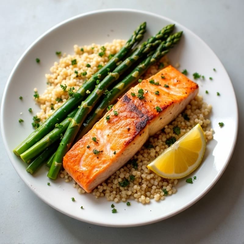 Seared Salmon Fillet with Steamed Asparagus and Quinoa