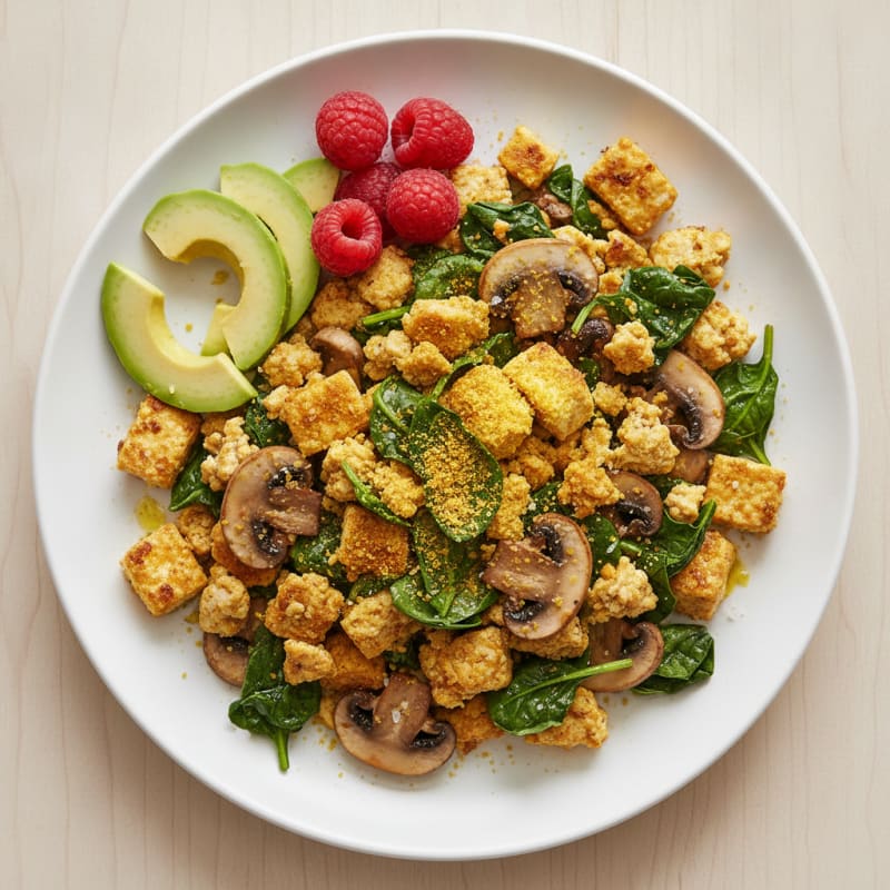 Silky Tofu Scramble with Spinach and Mushrooms