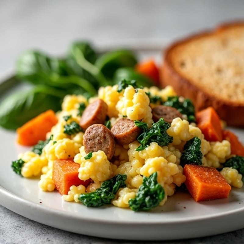 Egg White and Turkey Sausage Scramble with Spinach and Roasted Sweet Potatoes
