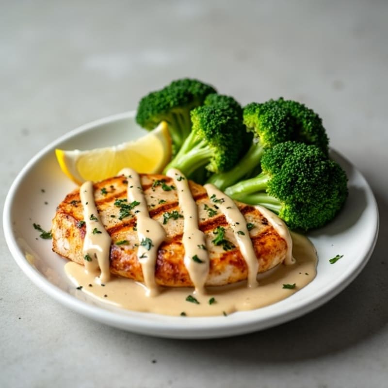 Grilled Chicken Breast with Roasted Broccoli and Lemon Tahini Drizzle