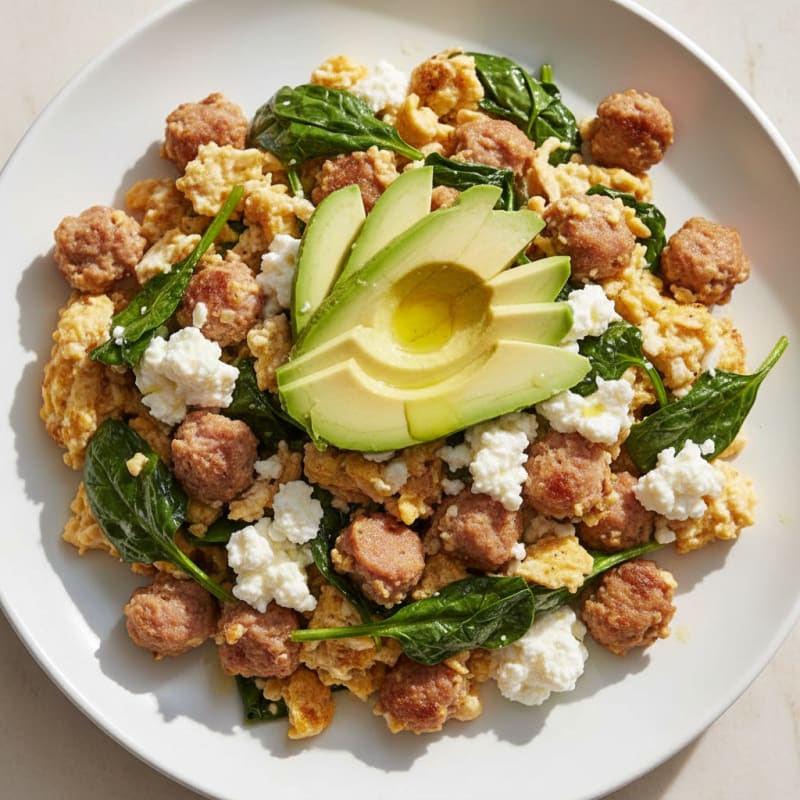 Egg White and Turkey Sausage Scramble with Cottage Cheese and Spinach
