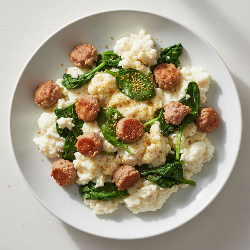 Egg White and Turkey Sausage Scramble with Sautéed Spinach