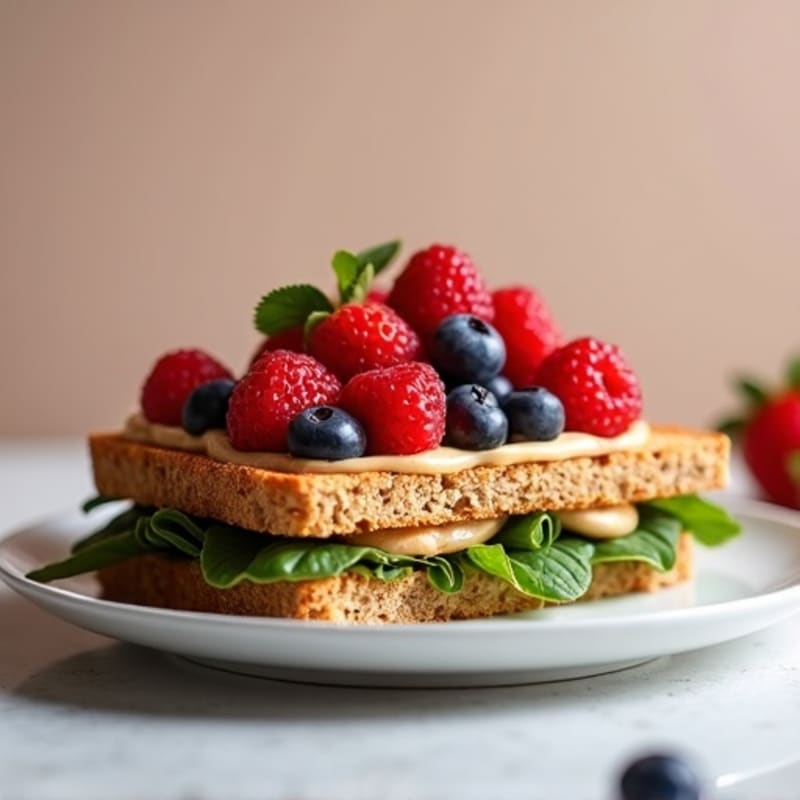 Toasted Whole Grain Peanut Butter Sandwich with Fresh Berries and Greek Yogurt
