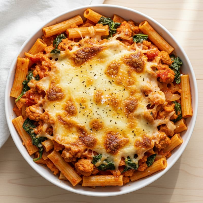 Creamy Baked Ziti with Golden Mozzarella