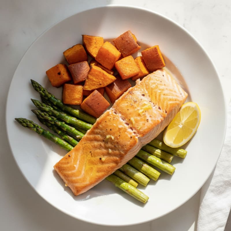 Seared Salmon Fillet with Roasted Sweet Potato and Asparagus