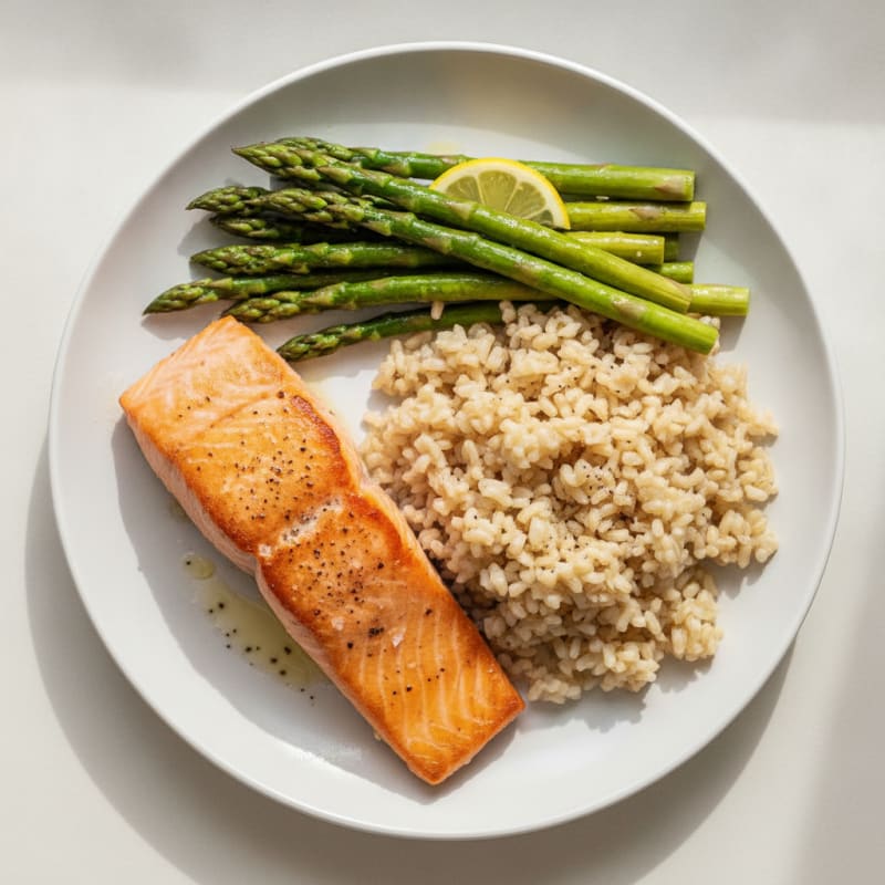 Seared Salmon with Steamed Asparagus and Brown Rice
