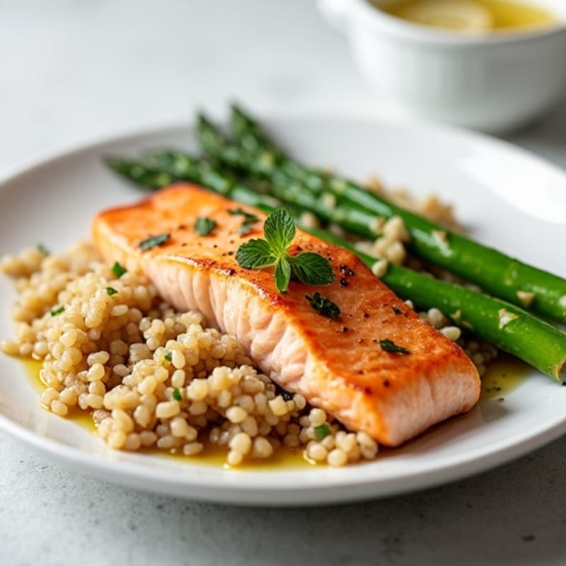 Seared Salmon with Lemon Garlic Asparagus and Brown Rice
