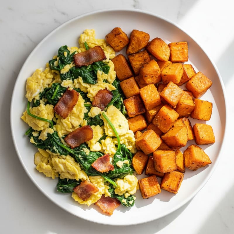 Crispy Turkey Bacon and Spinach Egg Scramble with Roasted Sweet Potatoes