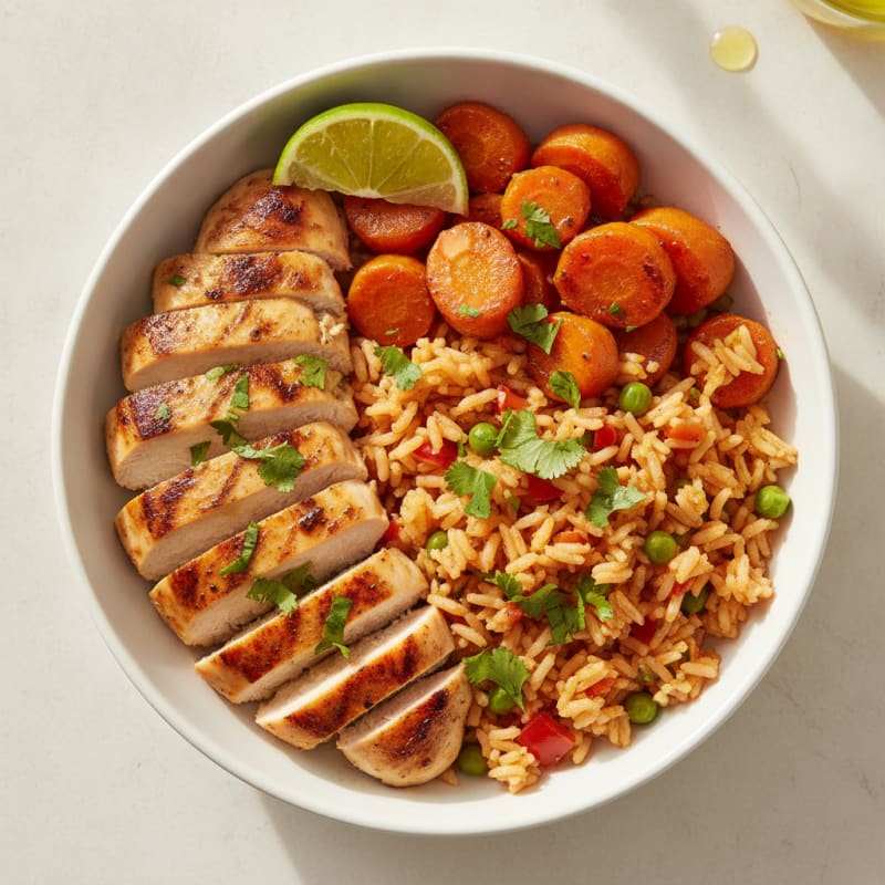 Grilled Chicken and Spanish Rice Bowl with Roasted Carrots