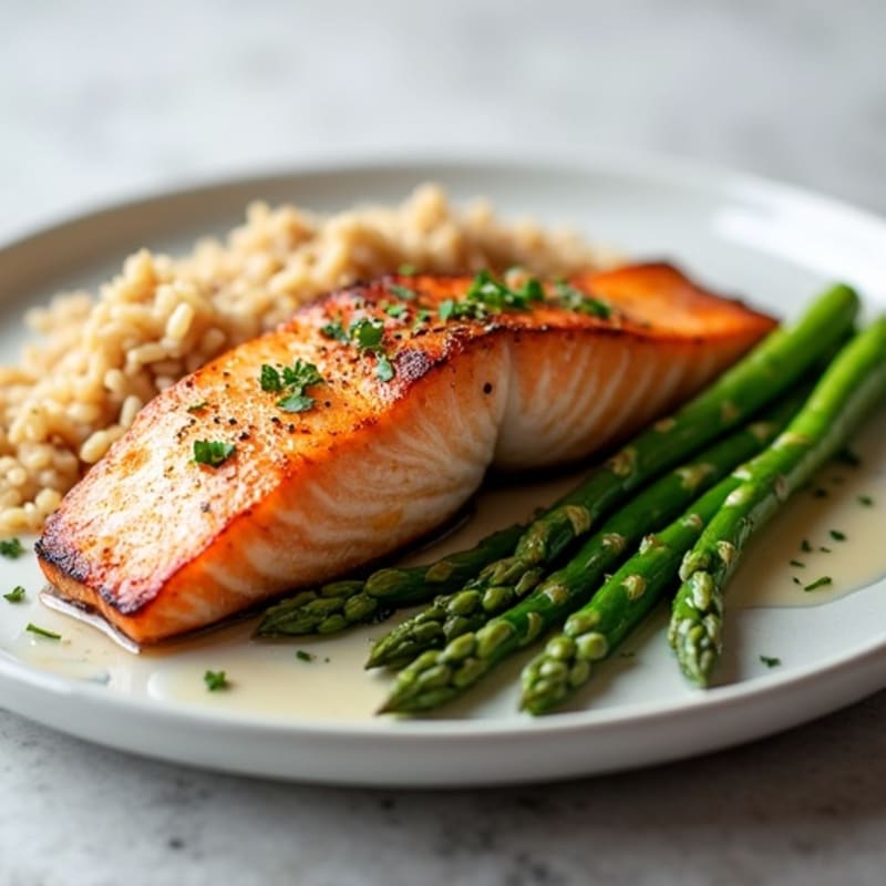 Seared Salmon with Steamed Asparagus and Brown Rice