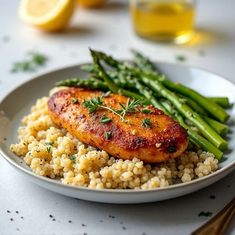 Crispy Lemon-Herb Roasted Chicken with Roasted Asparagus and Fluffy Quinoa