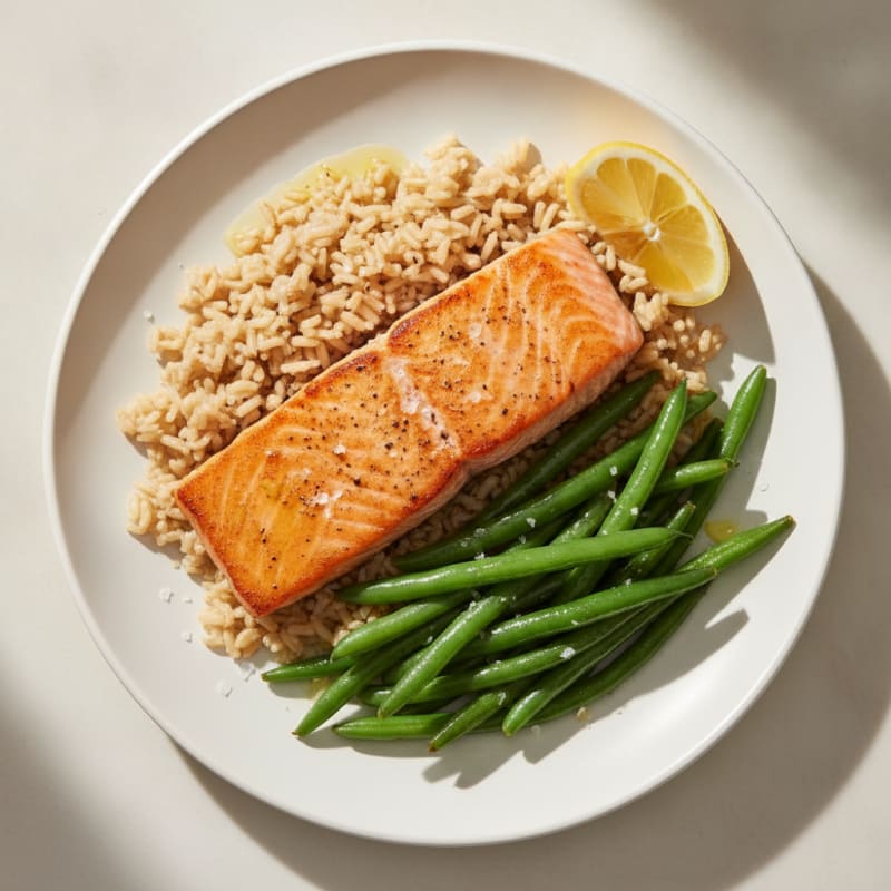 Seared Salmon with Steamed Green Beans and Brown Rice