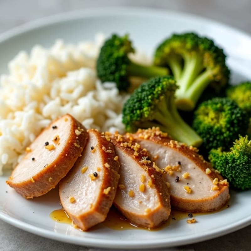 Garlic Pork with Roasted Broccoli and White Rice