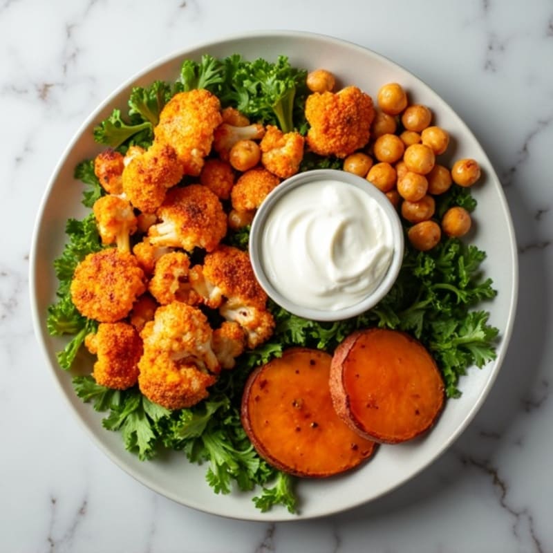 Crispy Buffalo Roasted Cauliflower Plate with Creamy Ranch and Roasted Sweet Potatoes