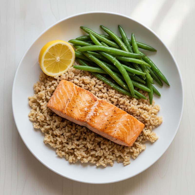 Seared Salmon with Steamed Green Beans and Brown Rice