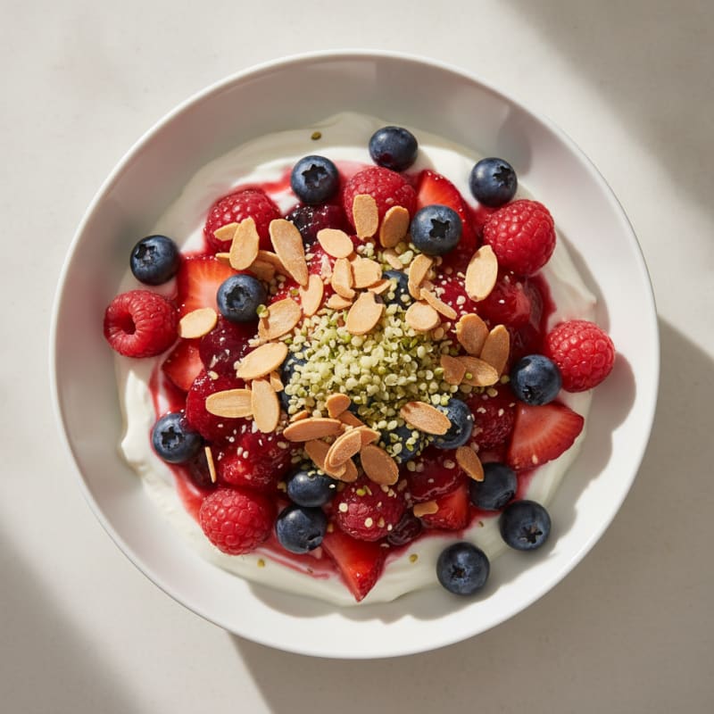 Greek Yogurt Protein Parfait with Mixed Berries and Almonds