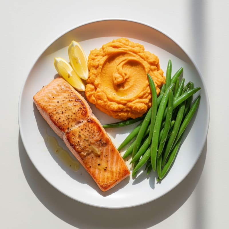 Seared Salmon with Steamed Green Beans and Mashed Sweet Potato